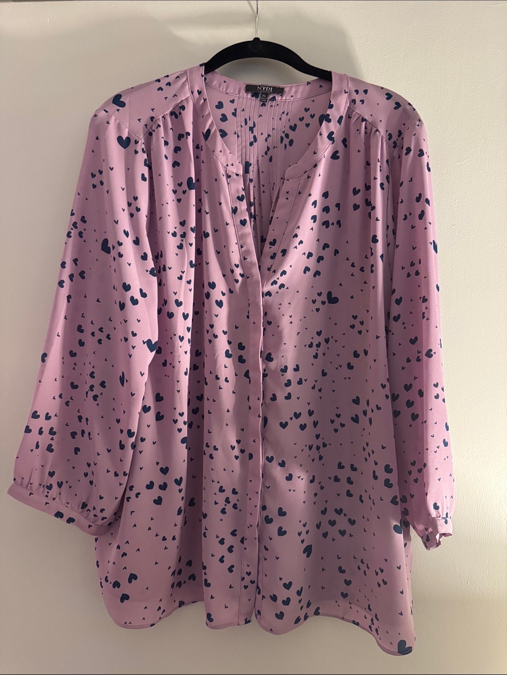 NYDJ Pink Blouse with Navy Heart Print Heart Waterfall , XL